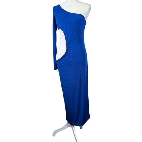 JLUXLABEL Shimmery Blue One Shoulder Cut Out Body Con Midi Sexy Dress Size Large - Picture 1 of 10